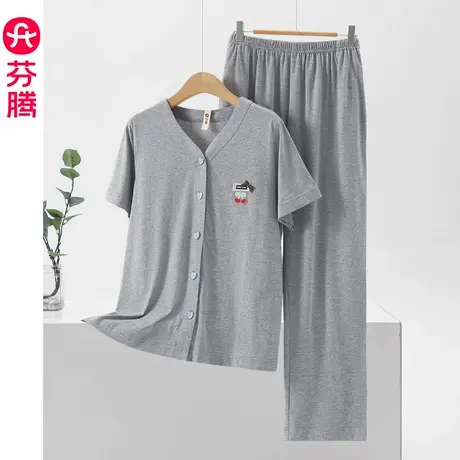 芬腾睡衣女夏季纯棉短袖开衫薄款V领可爱大码夏款全棉家居服套装商品大图