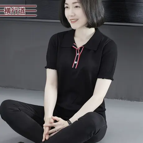 2023夏季新款韩版纯色简约翻领宽松针织短袖女外穿上衣大码妈妈装图片