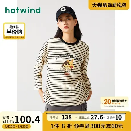 热风2023年秋季新款女士插画师系列坨坨兔子圆领可爱卡通条纹T恤商品大图