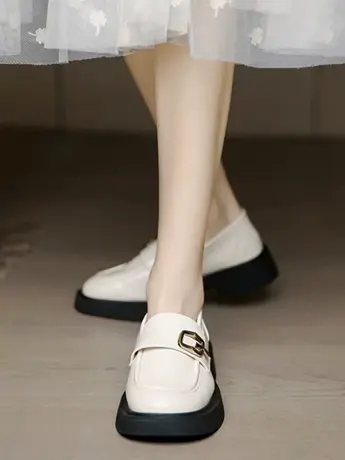 潮牌法式玛丽珍小皮鞋女款秋季新款厚底设计感白色英伦风乐福单鞋商品大图