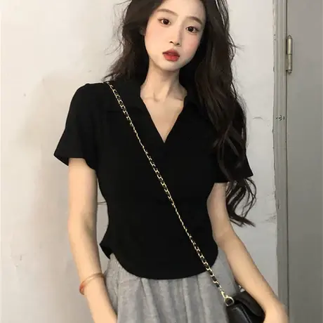 v领正肩t恤短袖女夏季2023新款修身显瘦设计感小众短款polo衫上衣商品大图