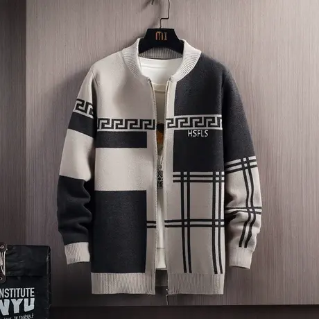 针织开衫男士外套2023新款春秋潮牌棒球领拼色毛衣夹克秋装上衣服图片