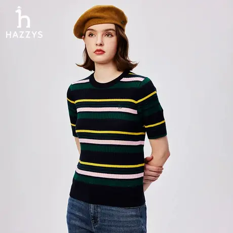 Hazzys哈吉斯条纹撞色针织衫女士时尚气质修身短袖T恤套头上衣潮图片