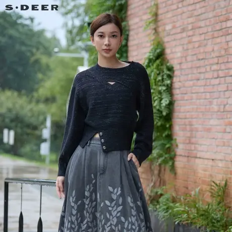 sdeer圣迪奥秋装女装罗纹圆领镂空不规则宽松针织衫S24383502图片