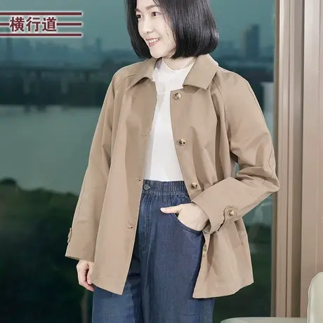 单排扣翻领中长款风衣女外套纯棉英伦风大衣纯色休闲显瘦2025秋装图片