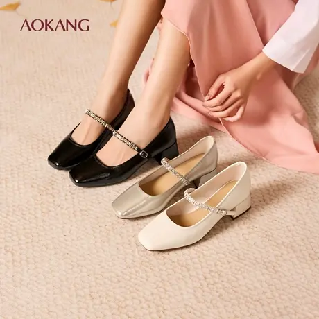 奥康 女鞋秋季新款中高跟玛丽珍法式绝美配裙子粗跟浅口单鞋图片