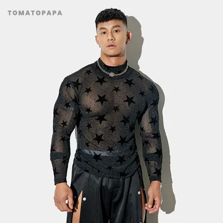 TOMATOPAPA长袖T恤定制银丝植绒网纱混纺性感打底体恤运动上衣男商品大图