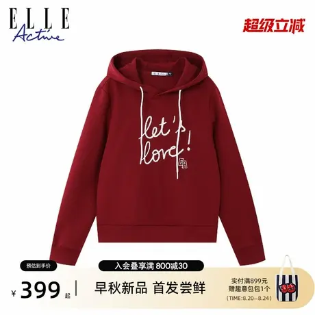 ELLE Active户外穿搭连帽卫衣女秋新款红色上衣运动长袖套头帽衫商品大图