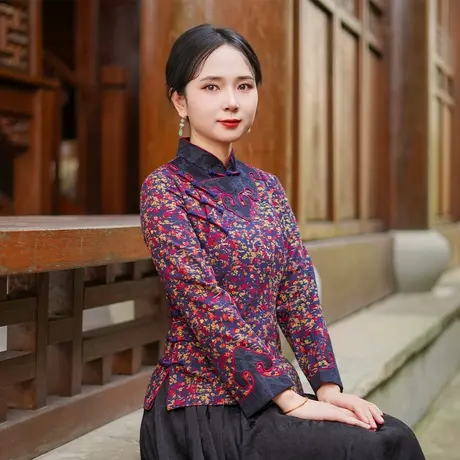 筠雅秋季新款中国风唐装上衣女中式改良复古女士斜襟上衣女25J311商品大图