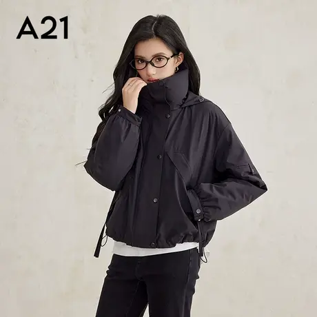 A21女装梭织宽松连帽落肩开襟短棉服秋冬外套立领长袖棉袄图片