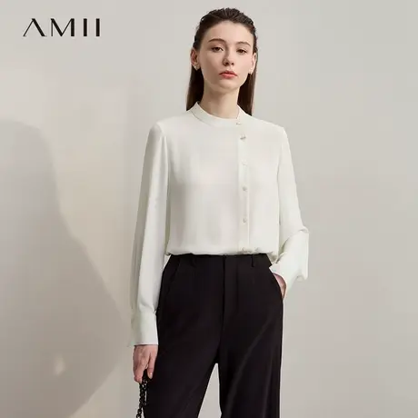Amii2025秋新款优雅气质通勤风立领不对称雪纺衫女宽松金属扣上衣图片
