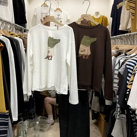 十三行2025秋装新款甜美卡通印花长袖T恤女宽松显瘦打底衫上衣图片