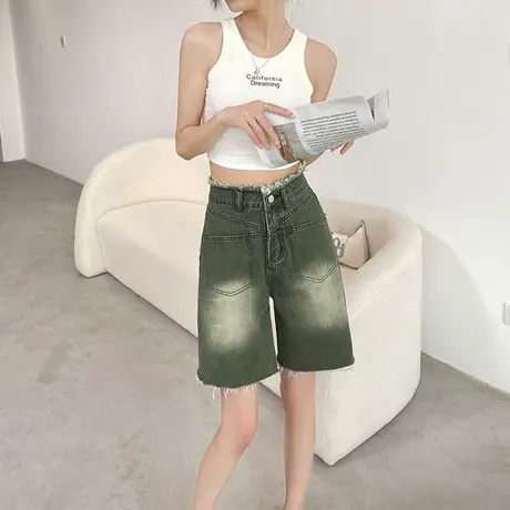 撞色牛仔短裤女五分夏季薄款高腰宽松显瘦设计感小众毛边阔腿中裤商品大图