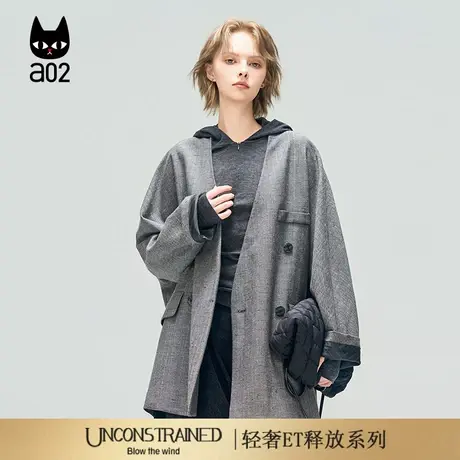 a02【ET释放系列】绵羊毛灰色格纹西装女2025新款秋季无领外套商品大图