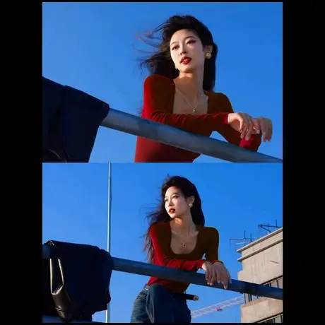 方领毛衣针织衫女早秋季穿搭韩系氛围高级感修身显瘦辣妹长袖上衣商品大图