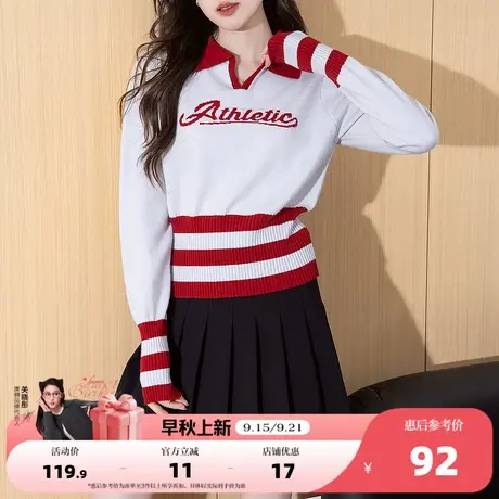 唐狮2025秋冬毛衣女美式风撞色条设计感翻领套头针织衫时尚上衣商品大图
