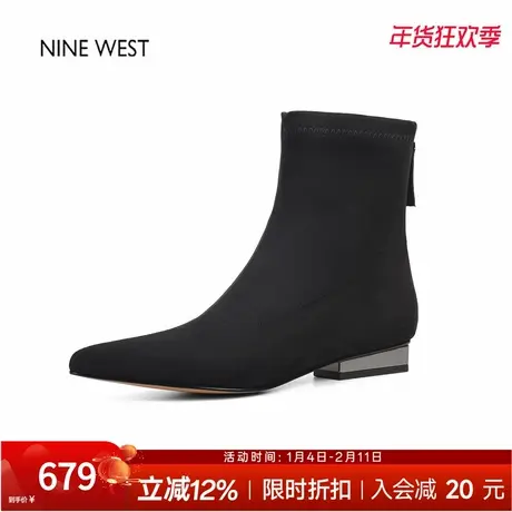 奥莱专供Nine West/玖熙尖头短靴法式复古弹力瘦瘦靴羊毛粗跟短靴图片