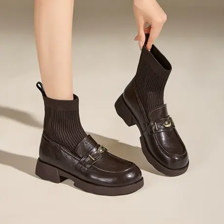 exull/依思Q2025秋冬新款厚底短靴女连袜靴袜靴小皮鞋乐福鞋商品大图