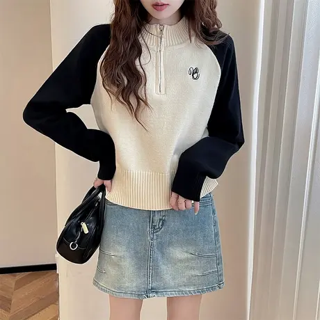 唐狮秋冬新款女毛衣插肩袖小刺绣拉链半开襟套头洋气好看tu图片
