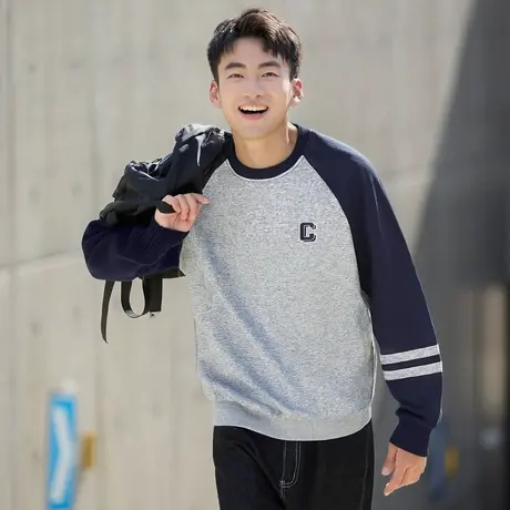 唐狮秋冬男圆领加绒卫衣插肩袖休闲简约宽松流行日常百搭TD图片