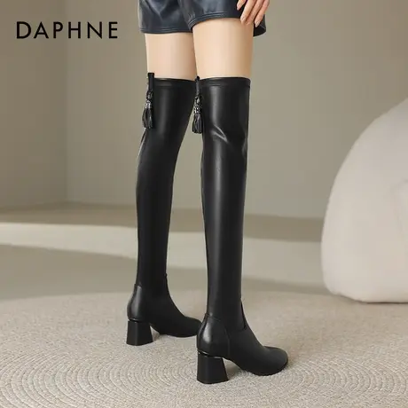 达芙妮过膝长靴女冬季加绒黑色靴子2026新款长筒靴粗跟尖头高跟鞋商品大图