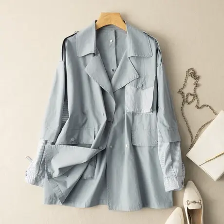 享永子西装领中长款条纹风衣外套女全棉百搭通勤上衣宽松2023新款图片