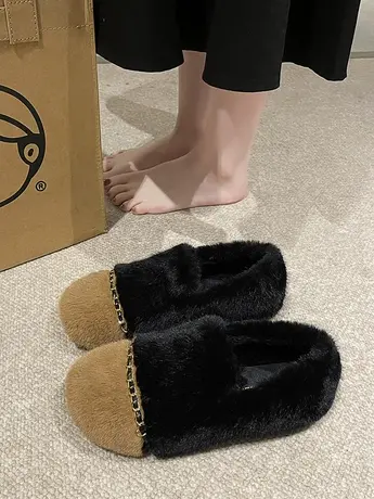 小香风拼色羊羔毛棉瓢鞋女平底加绒豆豆鞋2023秋季新款外穿毛毛鞋商品大图