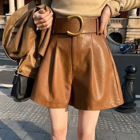 炸街裤C字腰带高腰PU皮裤女秋冬款短裤新款2023爆款显瘦秋冬靴裤图片