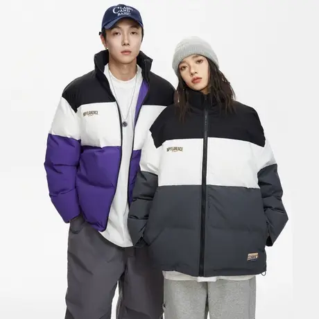 潮牌拼接棉服女2023新款加厚冬季外套复古宽松oversize面包服棉衣商品大图