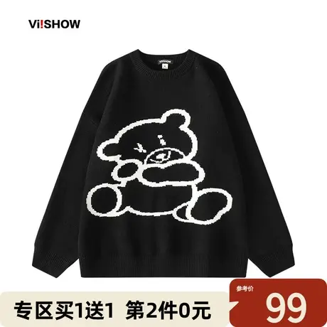 VIISHOW小熊毛衣男生秋季新款潮牌落肩圆领宽松情侣套头针织衫商品大图