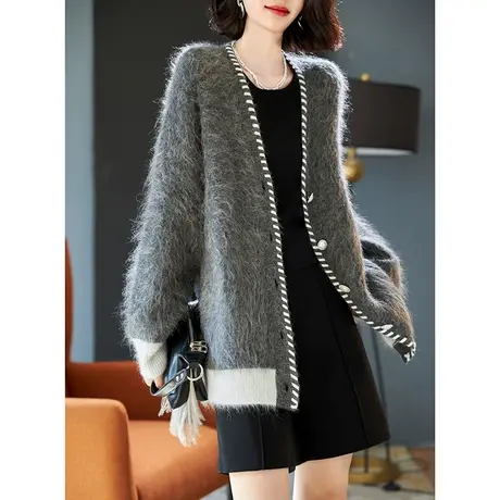 宝诗黎V领羊驼毛针织开衫女秋冬单排扣宽松外搭毛衣外套2023新款图片