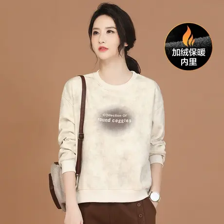 新品8.5折】圆领长袖印花加绒卫衣女宽松显瘦设计感上衣图片