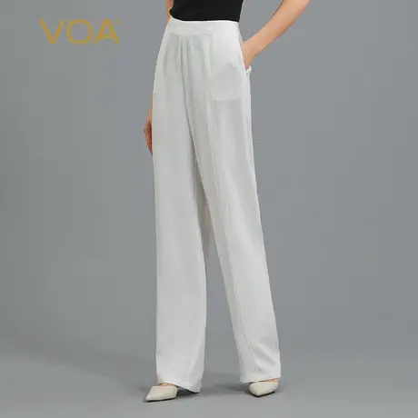VOA30姆米重磅桑蚕丝牛奶白纽扣装饰简约百搭清爽淑女真丝直筒裤商品大图