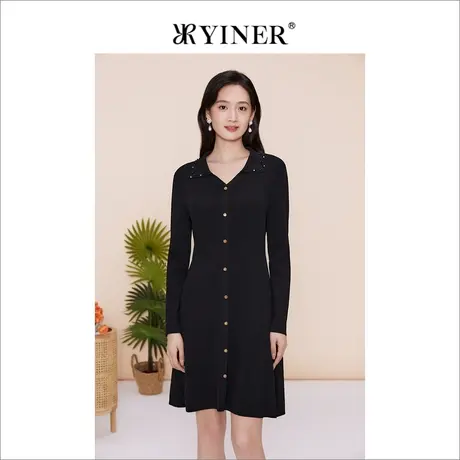 YINER音儿女装2023春季新款通勤钉珠衣领包边修身连衣裙图片