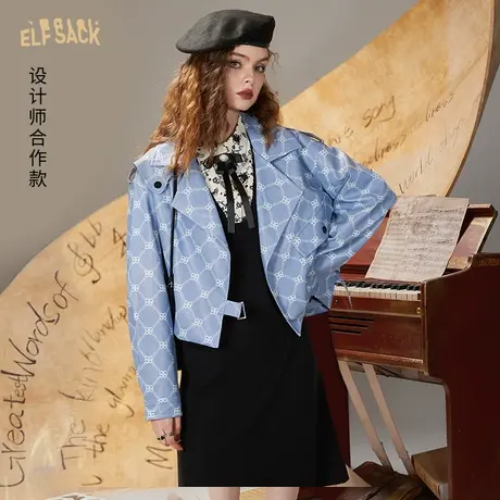 妖精的口袋老花格纹PU皮衣外套女2023秋季新款复古夹克机车短外套图片