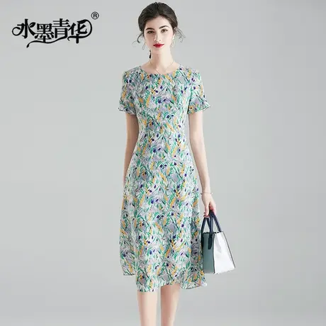 水墨青华夏装新品时尚女装简约修身中长款大摆印花连衣裙商品大图