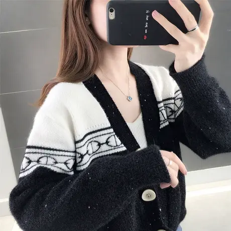 开衫女2023春装新款韩版宽松长袖针织衫女士V领纽扣撞色毛衣外套商品大图