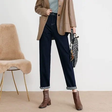 丽洁加绒男友牛仔裤女冬季加厚哈伦裤高腰宽松直筒老爹裤深蓝长裤商品大图