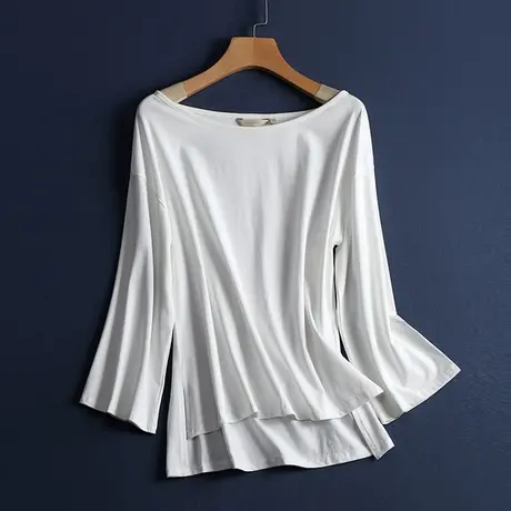 可拉肩上衣 宽松露肩宽袖T恤女春九分袖 一字z肩上衣仙女ins港风图片