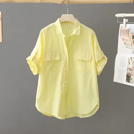 短袖纯色衬衫女2024年夏季新款韩版全棉外搭衬衣宽松薄上衣女装商品大图