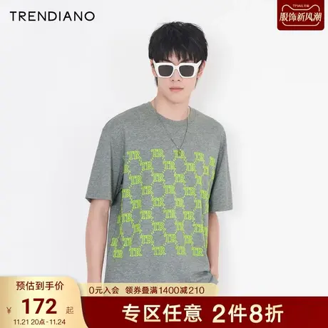 TRENDIANO官方潮牌男装简约时尚潮流复古老花植绒圆领短袖T恤男士商品大图