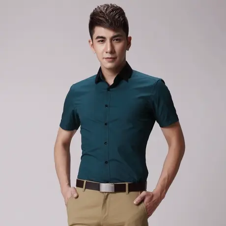 seno夏季短袖衬衫男海绿色男装撞色领夏装商务休闲纯色衬衣大小码商品大图