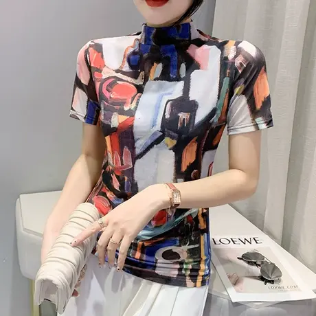 个性T恤女短袖ins潮涂鸦印花上衣洋气半高领网纱打底衫女修身体恤商品大图