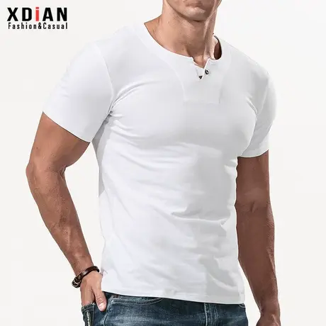 亨利领短袖t恤男士纯棉修身个性V领纽扣纯色紧身打底衫夏季亨利衫商品大图