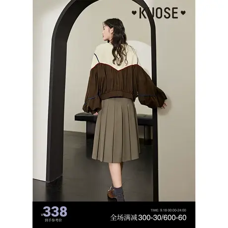 阔色棕色拼接假两件棒球服外套女2023秋季新款泡泡袖针织上衣商品大图