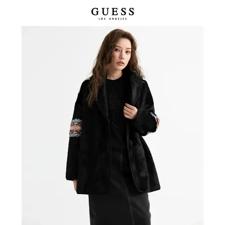 【38上新季】GUESS 气质保暖人造长貂毛古典皮草外套仿貂绒毛大衣商品大图