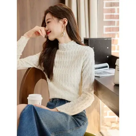 时尚气质长袖T恤2023年冬季女半高花边领纯色百搭可外穿长袖上衣商品大图