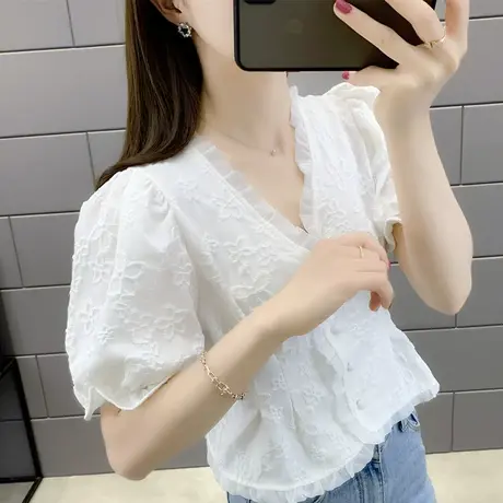 蕾丝上衣女蕾丝衫2023年新款收腰短款短袖洋气夏白色小衫小花碎花商品大图