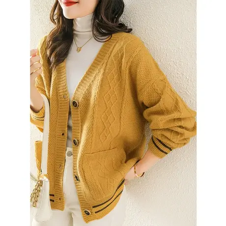 简约针织衫女开衫春秋季新款韩版宽松外搭复古洋气百搭毛衣外套图片