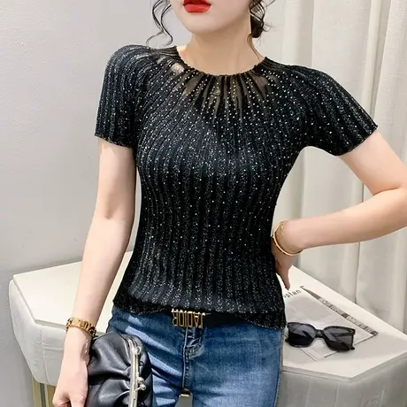 性感镂空T恤女短袖欧货重工烫钻亮丝洋气小衫紧身冰丝针织上衣夏图片